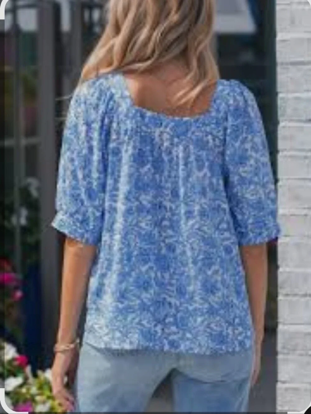 NWT LOFT Blue White Baby Doll Floral Eyelet Puff-Sleeve Top SZ LP